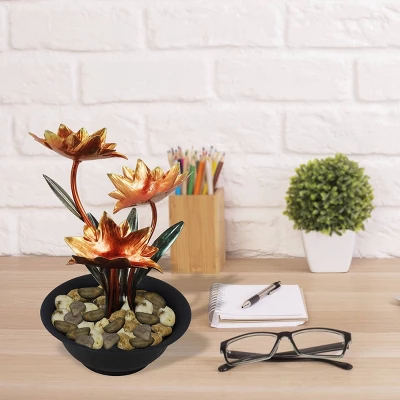 13" Indoor Tiered Metal Lotus Flower Tabletop Fountain Black/Green/Bronze - Alpine Corporation