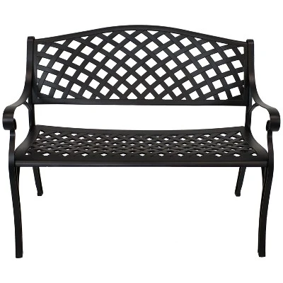 Sunnydaze Decor Sunnydaze 2-Person Checkered Design Cast Aluminum Outdoor Patio Bench, Black