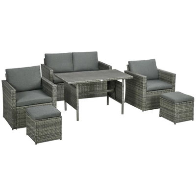 Outsunny Patio Dining Set, PE Rattan Furniture With 2 Chairs With Cushions & Outdoor Loveseat Sofa, Woodgrain Slatted Dinner Table, Mixed Gray - Image 3
