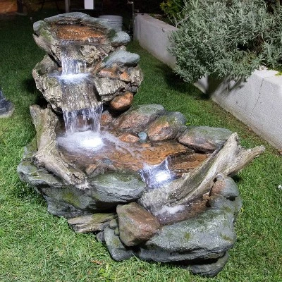 28" Resin 3-Tier Rainforest Fountain With LED Lights Bronze - Alpine Corporation