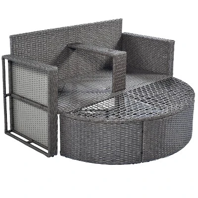 2pc Outdoor Wicker Conversation Sectional Set With Cushions & Half-Moon Side Table For Umbrella - Gray - GODEER - Image 7