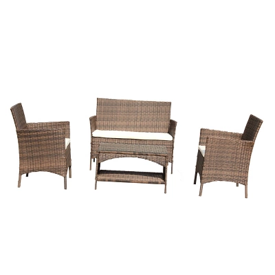 4pc Rattan Wicker Outdoor Lounge Chair With Cushions - Brown/Beige - GODEER - Image 6