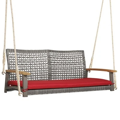 Costway 2-Person Patio Wicker Hanging Swing Chair Loveseat Cushion Porch RedBlack - Image 11