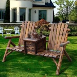 Outsunny Wooden Double Adirondack Chair Loveseat With Inset Ice Bucket, Table, Rustic Look, & Weather-Resistant Varnish