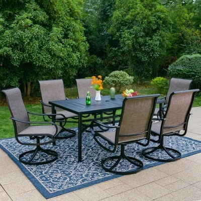 7pc Outdoor Dining Set With Swivel Sling Chairs & Large Metal Rectangle Table With Umbrella Hole - Gray - Captiva Designs