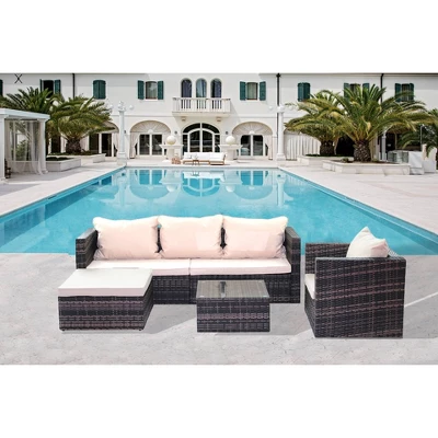 4pc Wicker Patio Sectional Seating Set With Sofa, Arm Chair, Ottoman & Accent Table - Brown/Beige - GODEER