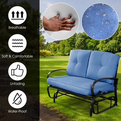 Costway Glider Outdoor Patio Rocking Bench Loveseat Cushioned Seat Steel Frame Blue - Image 5
