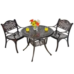 Costway 3 PCS Patio Dining Bistro Set Cast Aluminum Round Patio Table W/Chairs