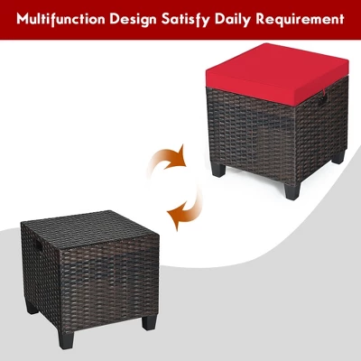 Costway 2PCS Patio Rattan Ottoman Cushioned Seat Foot Rest Coffee Table Red - Image 5