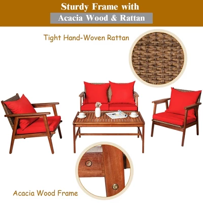 Costway 4PCS Patio Rattan Furniture Set Acacia Wood Frame Cushioned Sofa Chair - Image 6