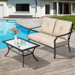 Tangkula 2PCS Patio Loveseat & Coffee Table Set Outdoor Cushioned Sofa For Garden Backyard