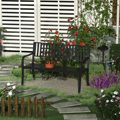 Outsunny 50" Garden Park Bench, Slatted Steel Outdoor Decorative Loveseat For Patio Lawn