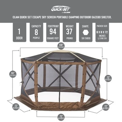 CLAM Quick Set Escape 11.67 X 11.67 Foot Portable Pop-Up Outdoor Camping Gazebo Screen Tent Canopy With Sky Screen, Ground Stakes And Carry Bag, Brown