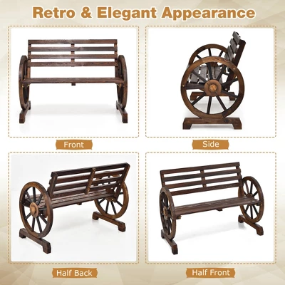 Costway Outdoor Wooden Wagon Wheel Garden Bench 2-Person Slatted Seat Armrests Rustic - Image 8