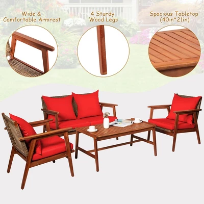 Costway 4PCS Patio Rattan Furniture Set Acacia Wood Frame Cushioned Sofa Chair - Image 7