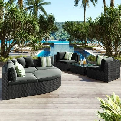 7pc Wicker Patio Seating Set With Cushions & Striped Pillows - Gray - GODEER