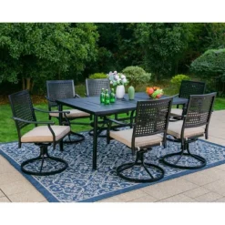 7pc Outdoor Dining Set With Steel Swivel Chairs & Large Rectangle Metal Table With Umbrella Hole - Black - Captiva Designs