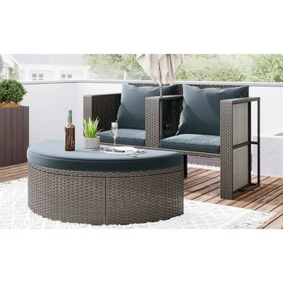 2pc Outdoor Wicker Conversation Sectional Set With Cushions & Half-Moon Side Table For Umbrella - Gray - GODEER - Image 3