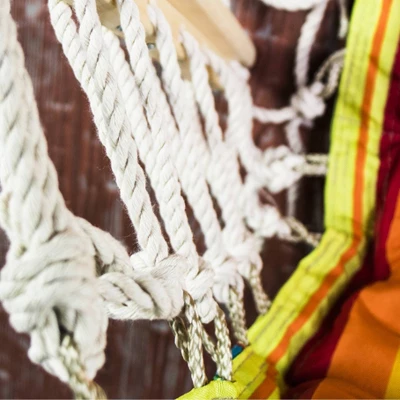 Hanging Hammock Chair With Wooden Arms Striped - Blue/Yellow/Orange - Backyard Expressions - Image 2