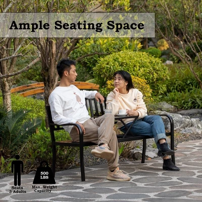 Outdoor Powder Coated Steel Park Bench, Garden Bench With Pop Up Middle Table, Lawn Decor Seating Bench For Yard, Patio, Garden, Balcony, And Deck - Image 3