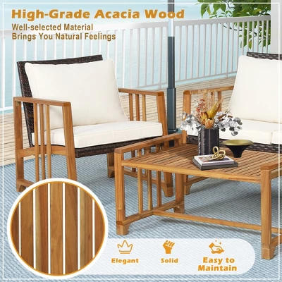 Costway 8PCS Patio Mix Brown Wicker Sofa Set Acacia Wood Frame With Seat & Back Cushions - Image 5