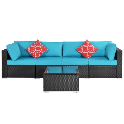 5pc Wicker Patio Sectional Seating Set With Cushions - Espresso/Blue - GODEER - Image 2