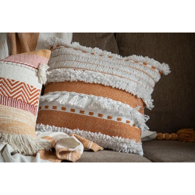 Orange Striped Hand Woven 18x18" Outdoor Decorative Throw Pillow With Hand Tied Fringe - Foreside Home & Garden - Image 5