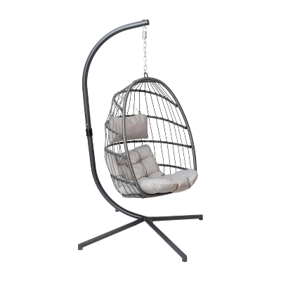 Emma And Oliver Awen Foldable Hanging Egg Chair With Woven Finish, Removable Cushions, And Included Stand For Indoor And Outdoor Use - Image 14