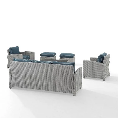 Bradenton 7pc Outdoor Wicker Sofa And Arm Chair Seating Set With Coffee Table, Side Table And 2 Ottomans - Navy/Gray - Crosley - Image 7