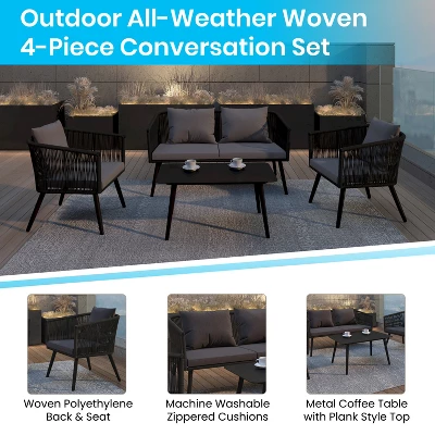 Flash Furniture Kierra Black All-Weather 4-Piece Woven Conversation Set With Gray Zippered Removable Cushions & Metal Coffee Table - Image 9