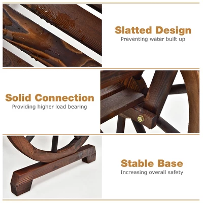 Costway Outdoor Wooden Wagon Wheel Garden Bench 2-Person Slatted Seat Armrests Rustic - Image 4