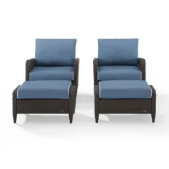 Kiawah 4pc Outdoor Wicker Conversation Set With 2 Arm Chairs & 2 Ottomans Blue - Crosley