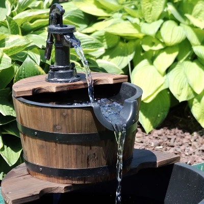 Sunnydaze Decor Sunnydaze 23"H Electric Fir Wood 2-Tier Farmhouse Barrel With Metal Decorative Hand Pump Outdoor Water Fountain - Image 7