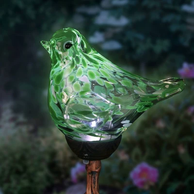 31" Resin Solar Pearlized Glass Bird Finial Garden Stake Green - Exhart - Image 9