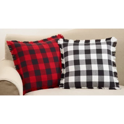 20" Fringed Buffalo Plaid Pillow Down Filled Red - SARO Lifestyle - Image 2