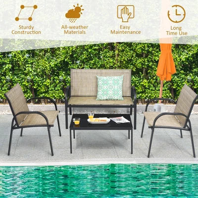 Costway 4 PCS Patio Furniture Set Sofa Coffee Table Steel Frame Garden Brown - Image 3