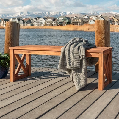 53" Slatted Acacia Wood X-Frame Patio Bench Brown - Saracina Home - Image 4