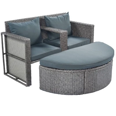 2pc Outdoor Wicker Conversation Sectional Set With Cushions & Half-Moon Side Table For Umbrella - Gray - GODEER - Image 4