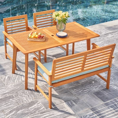 Waimea 4pc Honey Slatted Eucalyptus Wood Patio Dining Set With Bench & Cushions - Vifah - Image 4