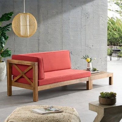 2pc Brava Outdoor Acacia Wood Left Arm Loveseat & Coffee Table With Cushion Teak/Red - Christopher Knight Home - Image 4