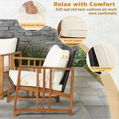 Costway 8PCS Patio Mix Brown Wicker Sofa Set Acacia Wood Frame With Seat & Back Cushions - Image 6