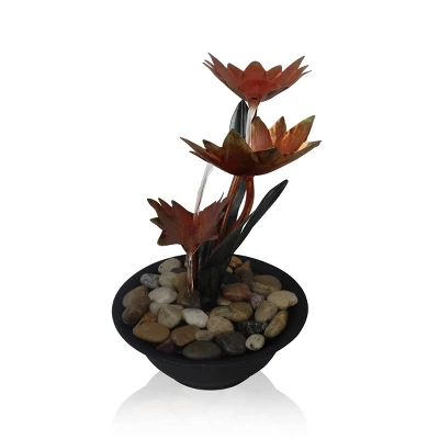 13" Indoor Tiered Metal Lotus Flower Tabletop Fountain Black/Green/Bronze - Alpine Corporation - Image 2