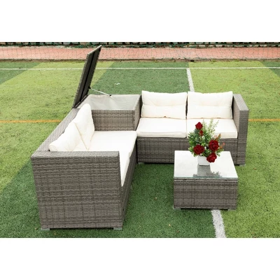4pc Wicker Patio Seating Set With Cushions - Gray/Beige - GODEER - Image 15