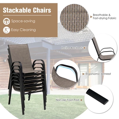 Costway 7PCS Patio Dining Set 6 Stackable Chairs Glass Table Umbrella Hole Yard - Image 7