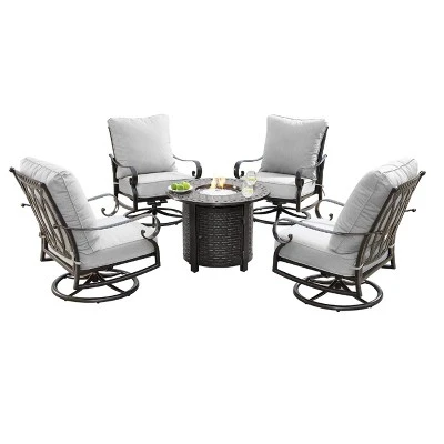 5pc Outdoor Dining Set With 34" Aluminum Round Basket Weave Design Fire Table, Deep Seating Swivel Rocking Chairs & Covers - Oakland Living