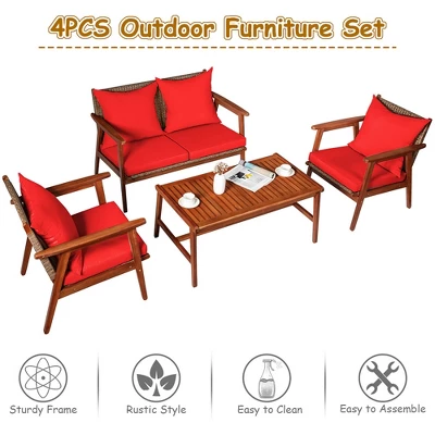 Costway 4PCS Patio Rattan Furniture Set Acacia Wood Frame Cushioned Sofa Chair - Image 5