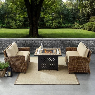 Crosley 3pc Bradenton Steel Outdoor Patio Fire Pit Furniture Set With Two Loveseats Tan/Brown