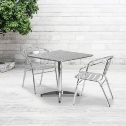 Emma And Oliver 31.5" Square Aluminum Table Set With 2 Slat Back Chairs