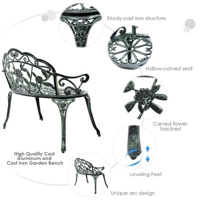 Costway Patio Garden Bench Chair Style Porch Cast Aluminum Outdoor Rose Antique Green - Image 8