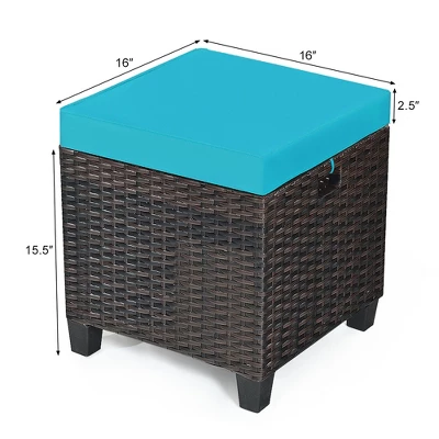 Costway 2PCS Patio Rattan Ottoman Cushioned Seat W/ Foot Rest Turquoise - Image 2